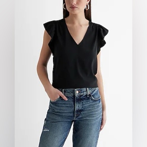 ZARA V-Neck Ruffle Short Sleeve Blouse in Black - Picture 1 of 4
